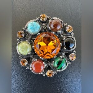 Vintage 1960s Scottish Celtic Knot Silver Agate Glass Art Brooch